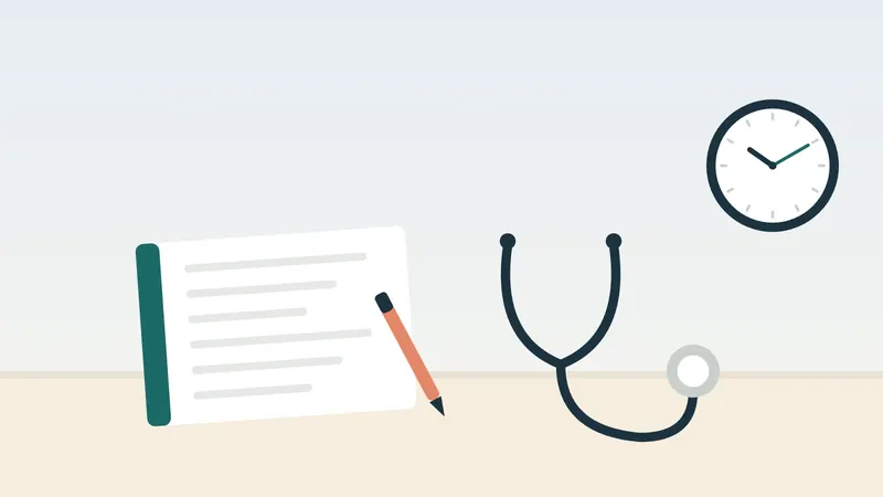 איור: מחברת עם רשימה, עט, סטטוסקופ ושעון
